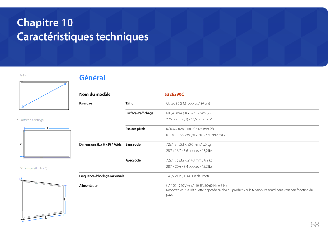 Samsung LS32E590CS/EN manual Caractéristiques techniques, Général, Nom du modèle 