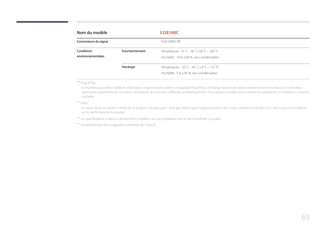 Samsung LS32E590CS/EN manual Connecteurs de signal, Conditions Fonctionnement, Environnementales, Stockage 