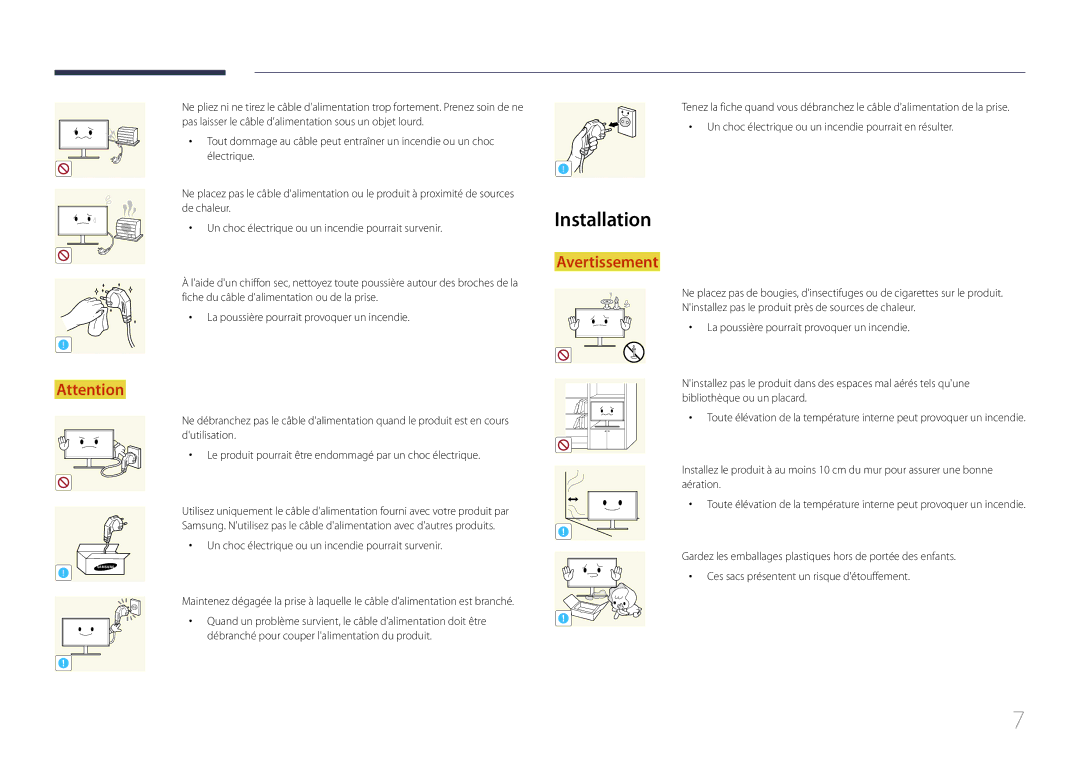 Samsung LS32E590CS/EN manual Installation, Un choc électrique ou un incendie pourrait survenir 