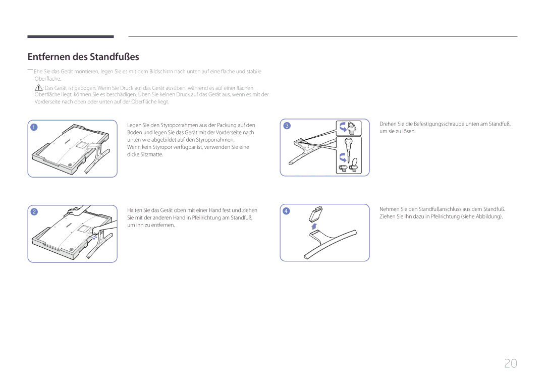 Samsung LS32E590CS/EN manual Entfernen des Standfußes, Unten wie abgebildet auf den Styroporrahmen, Dicke Sitzmatte 