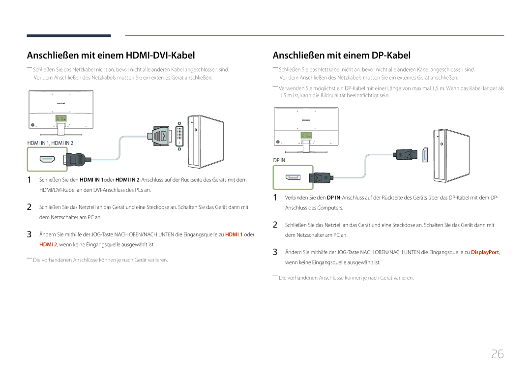 Samsung LS32E590CS/EN manual Anschließen mit einem HDMI-DVI-Kabel, Anschließen mit einem DP-Kabel 