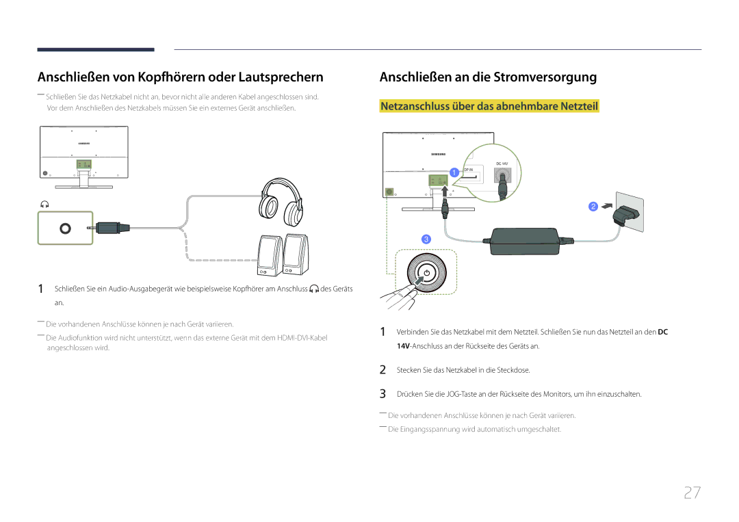 Samsung LS32E590CS/EN manual Anschließen von Kopfhörern oder Lautsprechern, 14V-Anschluss an der Rückseite des Geräts an 