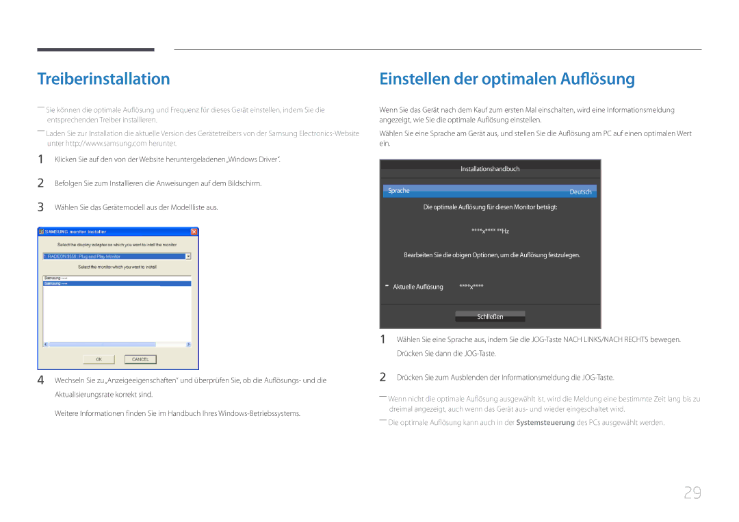 Samsung LS32E590CS/EN manual Treiberinstallation, Einstellen der optimalen Auflösung, Installationshandbuch Sprache Deutsch 