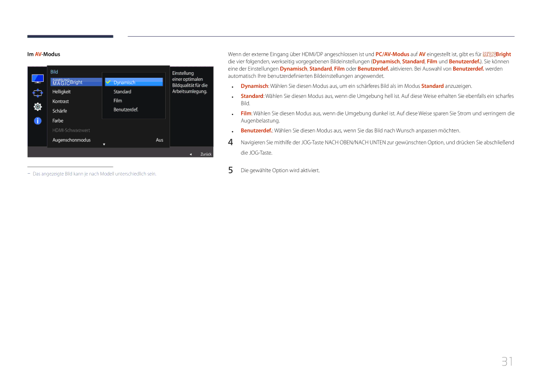 Samsung LS32E590CS/EN manual Im AV-Modus, Bild, Augenbelastung, Die JOG-Taste, Die gewählte Option wird aktiviert 