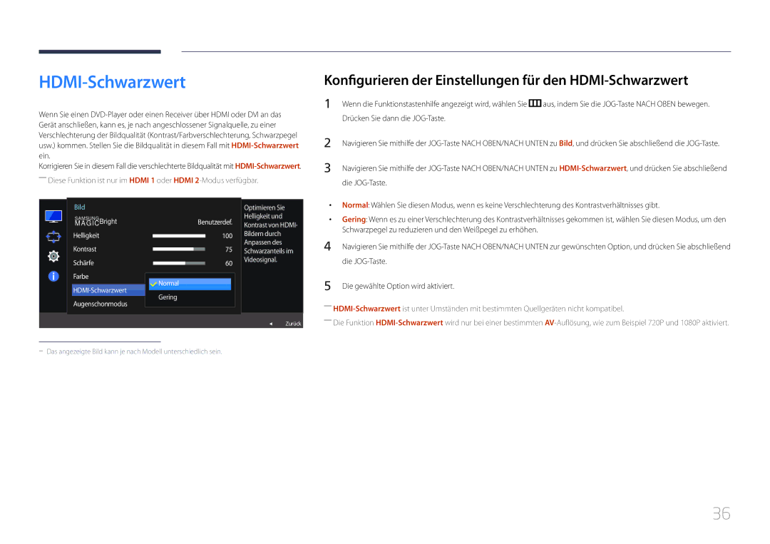 Samsung LS32E590CS/EN manual Konfigurieren der Einstellungen für den HDMI-Schwarzwert 