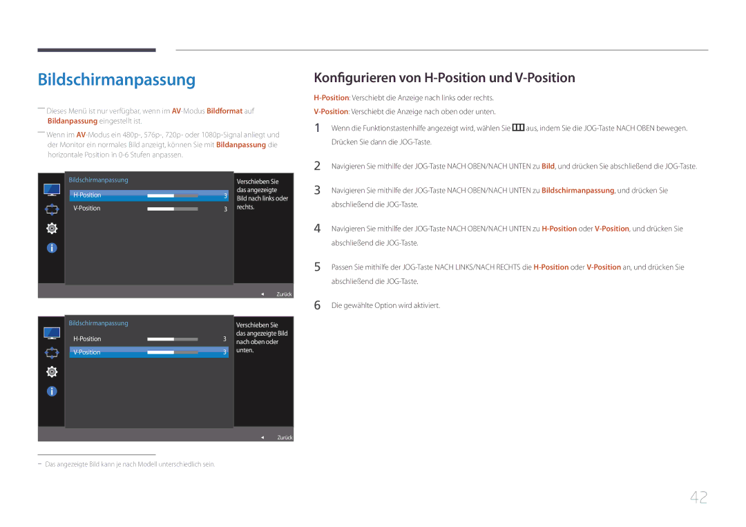 Samsung LS32E590CS/EN manual Bildschirmanpassung, Konfigurieren von H-Position und V-Position, Abschließend die JOG-Taste 