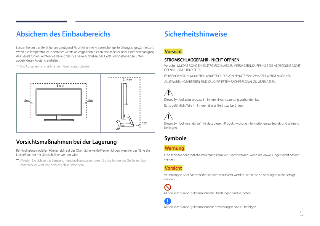 Samsung LS32E590CS/EN Absichern des Einbaubereichs, Sicherheitshinweise, Vorsichtsmaßnahmen bei der Lagerung, Symbole 