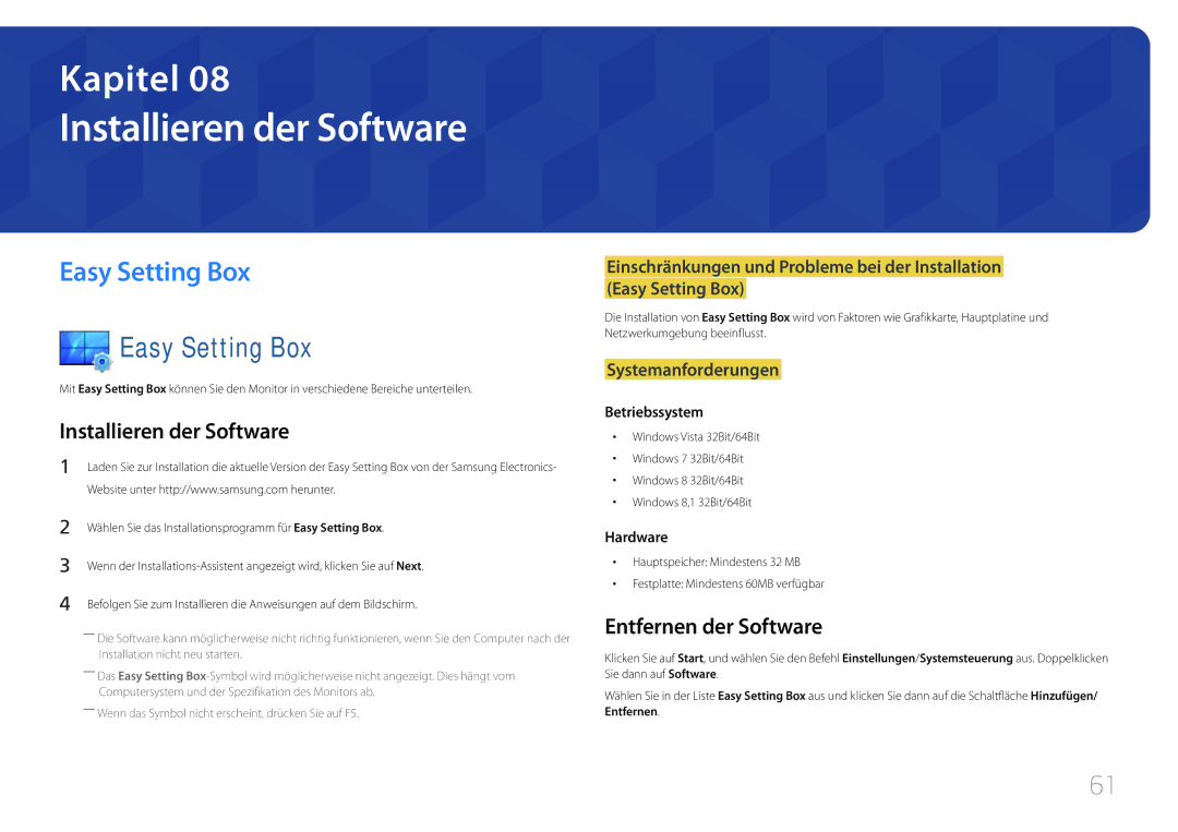 Samsung LS32E590CS/EN manual Installieren der Software, Easy Setting Box, Entfernen der Software 