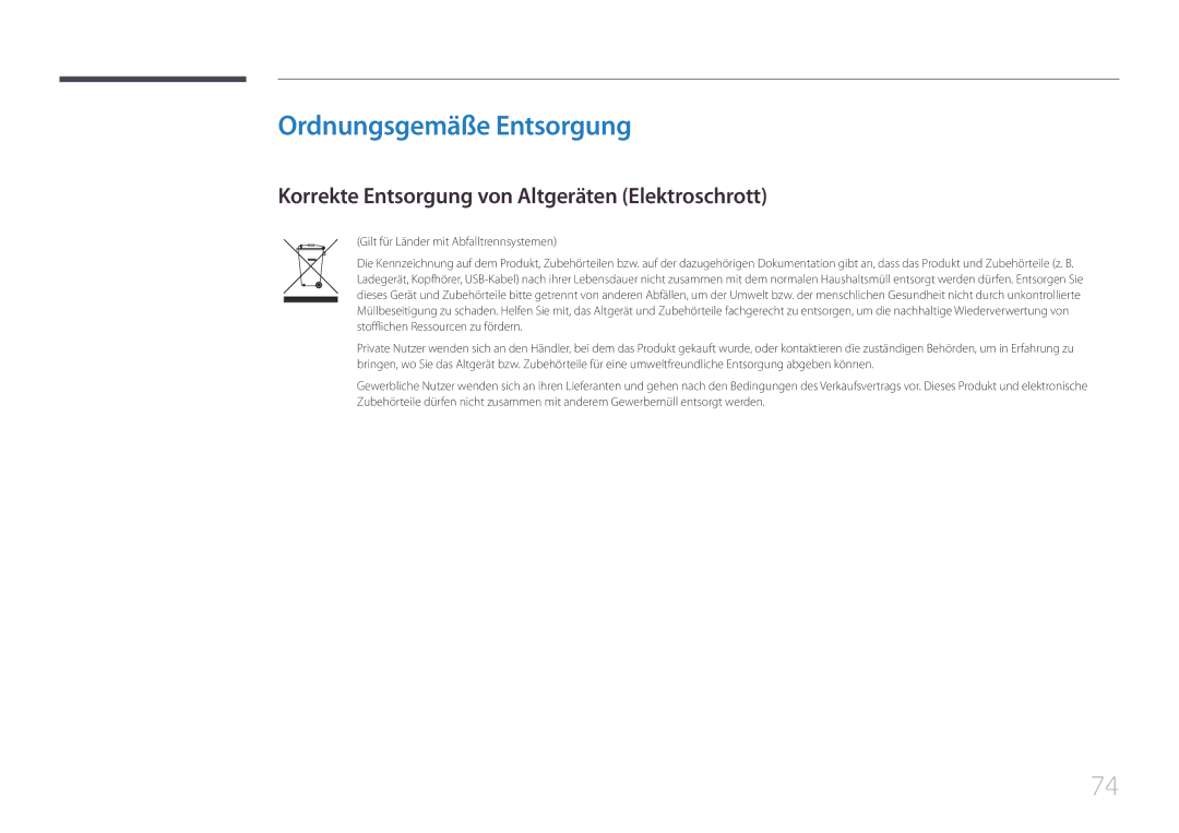 Samsung LS32E590CS/EN manual Ordnungsgemäße Entsorgung, Korrekte Entsorgung von Altgeräten Elektroschrott 