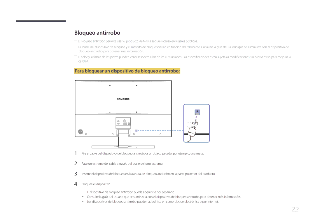 Samsung LS32E590CS/EN manual Bloqueo antirrobo, Para bloquear un dispositivo de bloqueo antirrobo 