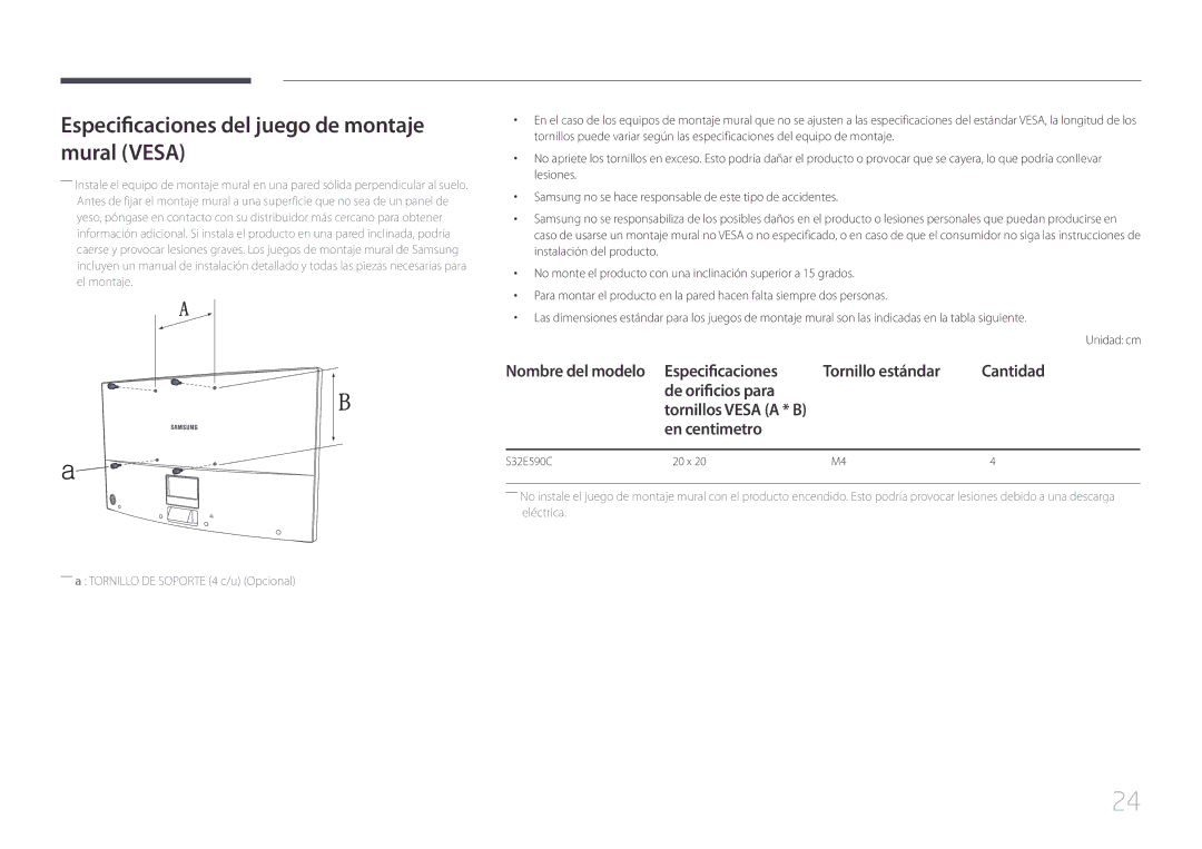 Samsung LS32E590CS/EN manual Especificaciones del juego de montaje mural Vesa, En centimetro 