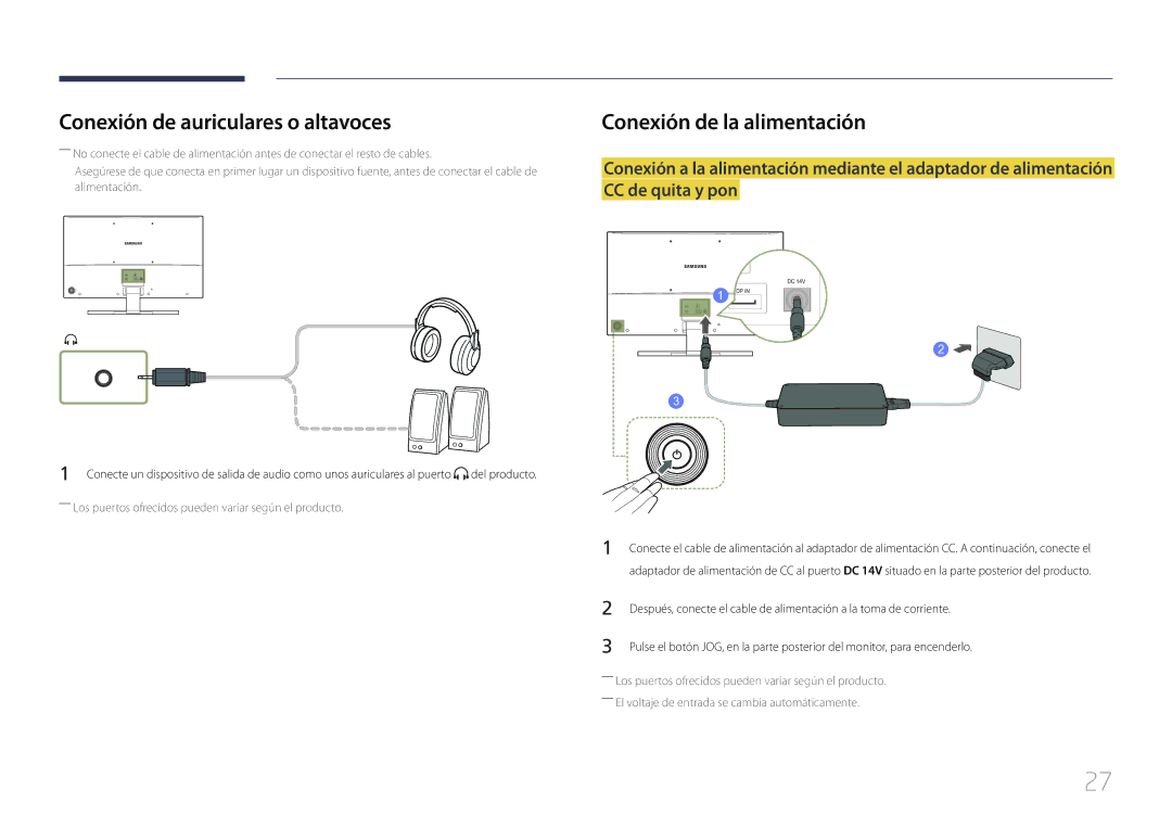 Samsung LS32E590CS/EN manual Conexión de auriculares o altavoces, Conexión de la alimentación 