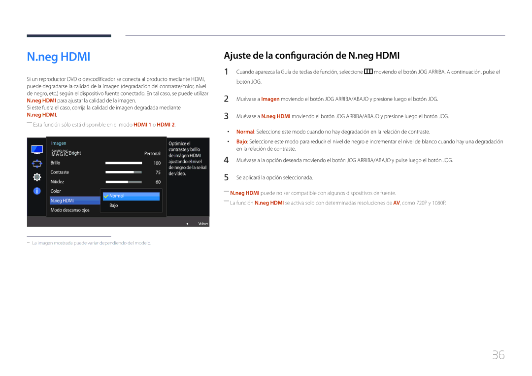 Samsung LS32E590CS/EN manual Neg Hdmi, Ajuste de la configuración de N.neg Hdmi, De vídeo, Normal Bajo 