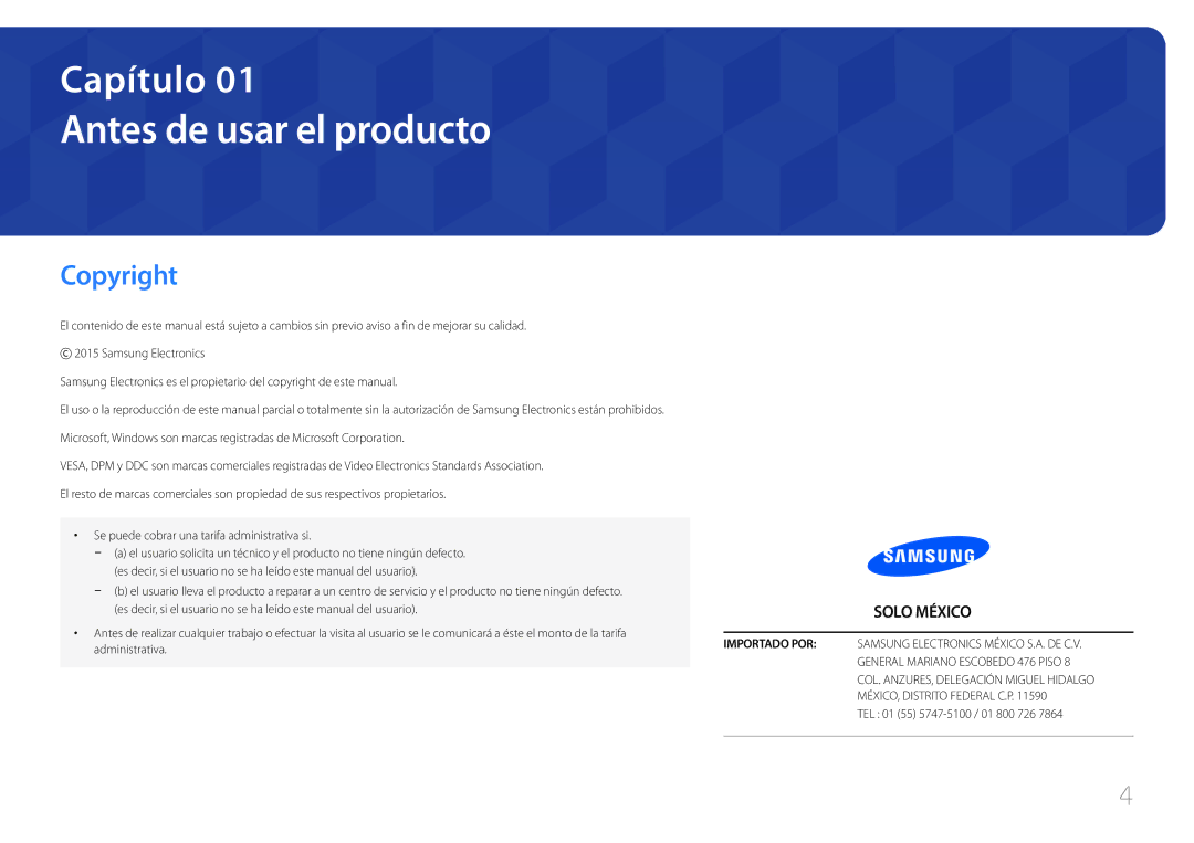 Samsung LS32E590CS/EN manual Antes de usar el producto, Copyright, Administrativa, TEL 01 55 5747-5100 / 01 800 726 