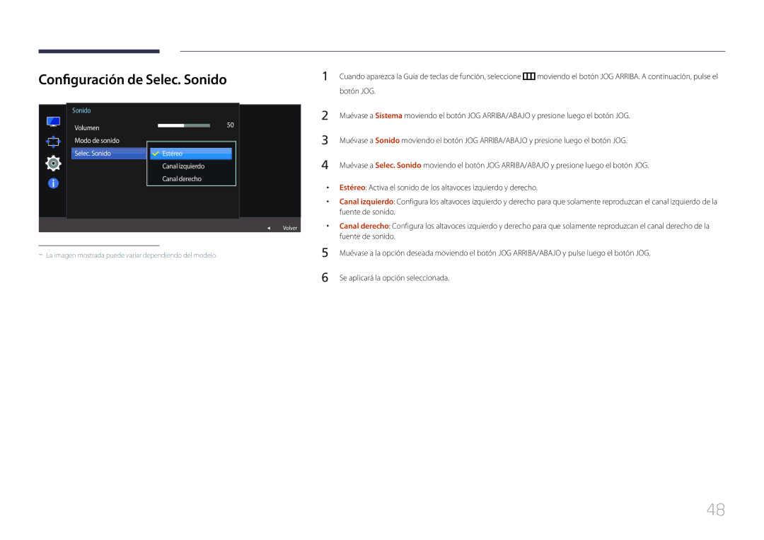 Samsung LS32E590CS/EN manual Configuración de Selec. Sonido, Selec. Sonido Estéreo Canal izquierdo Canal derecho 