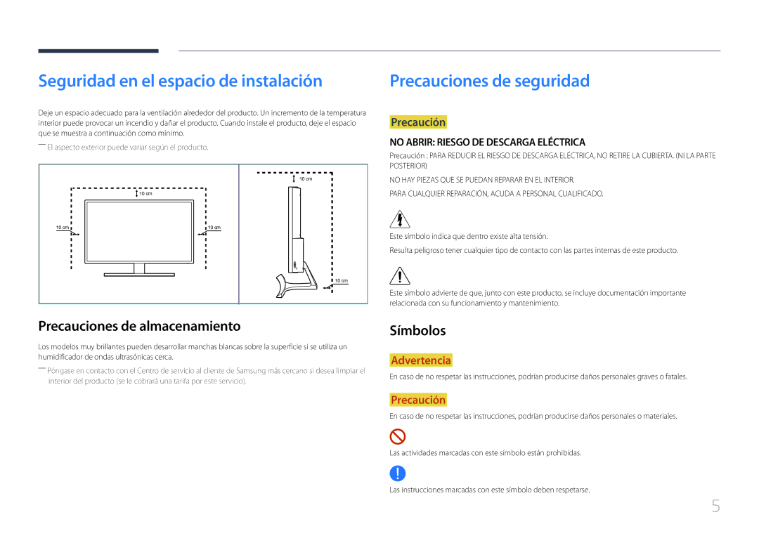 Samsung LS32E590CS/EN Seguridad en el espacio de instalación, Precauciones de seguridad, Precauciones de almacenamiento 