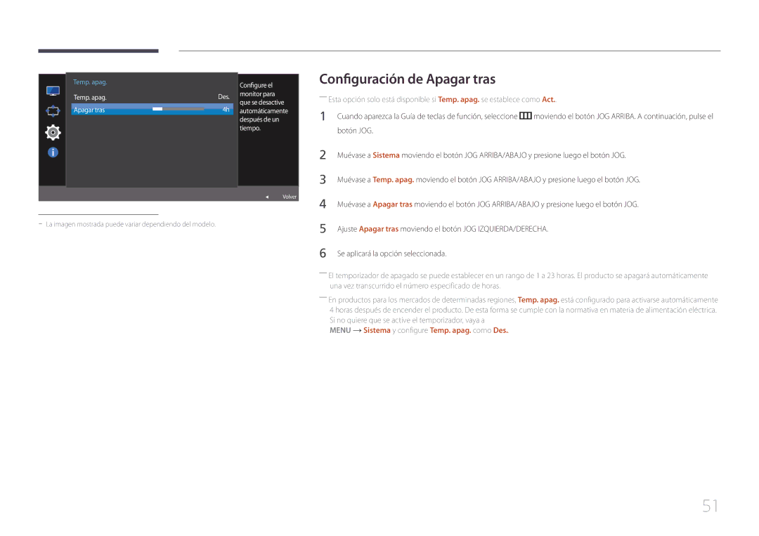 Samsung LS32E590CS/EN manual Configuración de Apagar tras, Configure el 