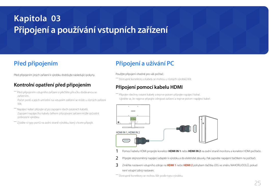 Samsung LS32E590CS/EN manual Připojení a používání vstupních zařízení, Před připojením Připojení a užívání PC 