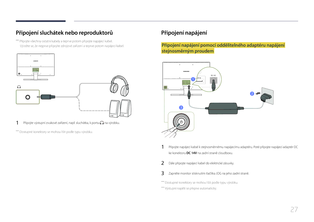 Samsung LS32E590CS/EN manual Připojení sluchátek nebo reproduktorů, Připojení napájení 