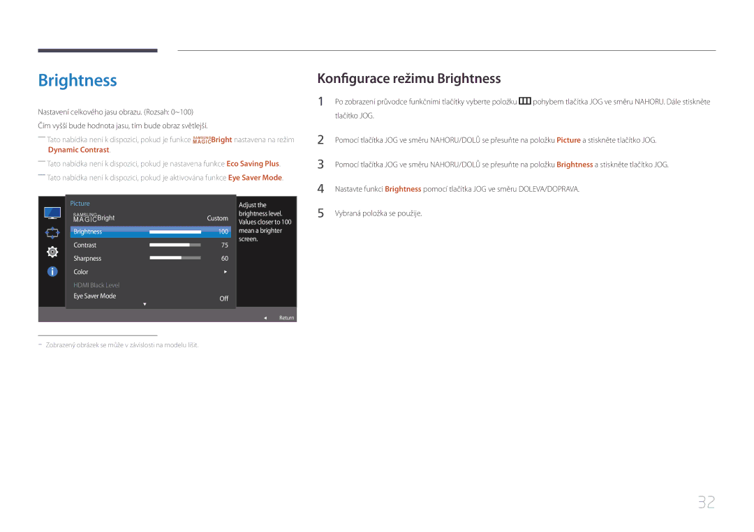 Samsung LS32E590CS/EN manual Konfigurace režimu Brightness, Eye Saver Mode Adjust, Brightness level 
