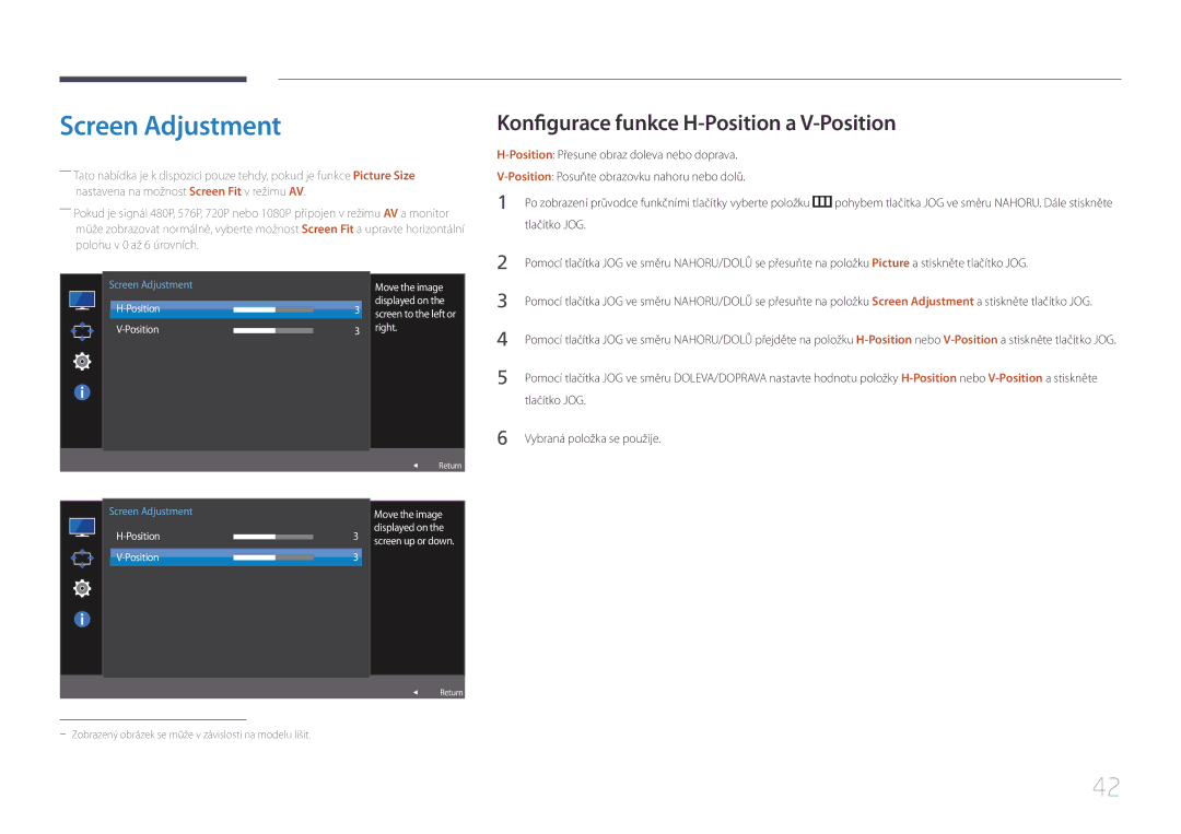 Samsung LS32E590CS/EN manual Screen Adjustment, Konfigurace funkce H-Position a V-Position 