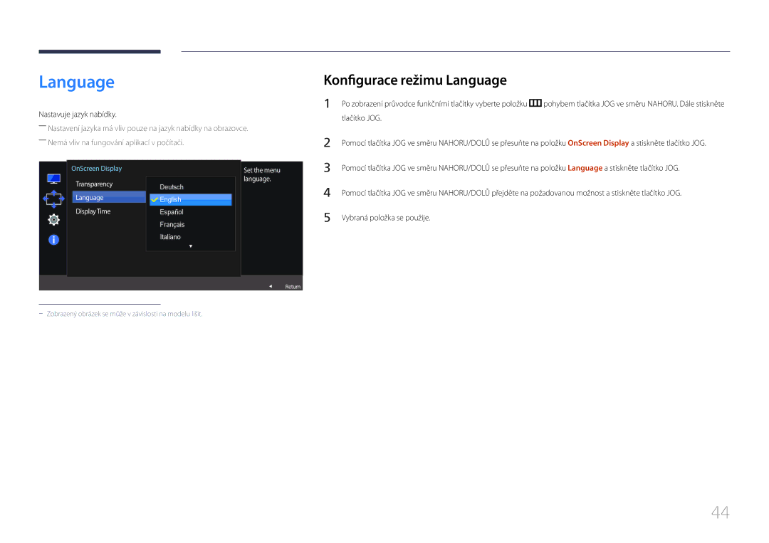 Samsung LS32E590CS/EN manual Konfigurace režimu Language, Nastavuje jazyk nabídky, Transparency Language Display Time 