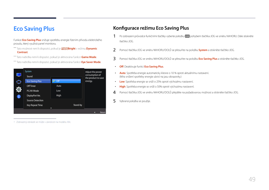 Samsung LS32E590CS/EN manual Konfigurace režimu Eco Saving Plus, Off Deaktivuje funkci Eco Saving Plus 