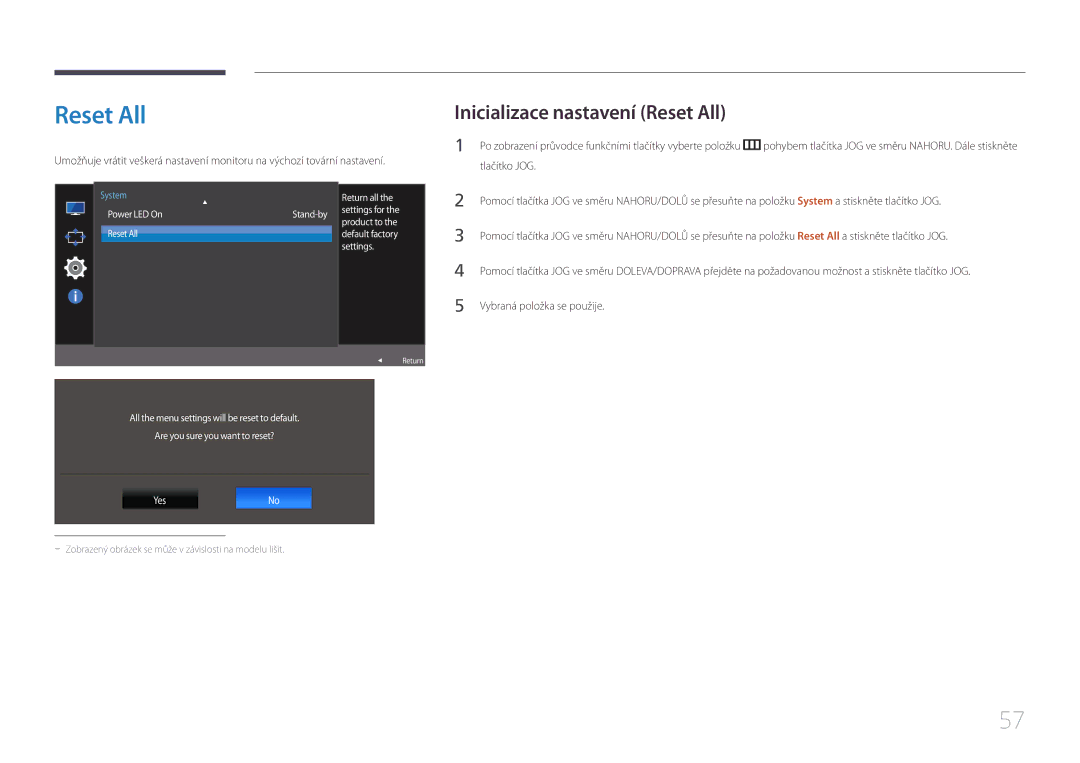 Samsung LS32E590CS/EN manual Inicializace nastavení Reset All, Return all 