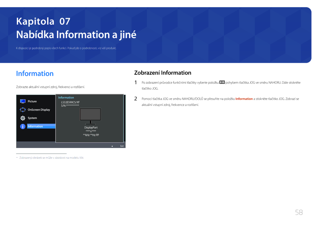 Samsung LS32E590CS/EN Nabídka Information a jiné, Zobrazení Information, Aktuální vstupní zdroj, frekvence a rozlišení 