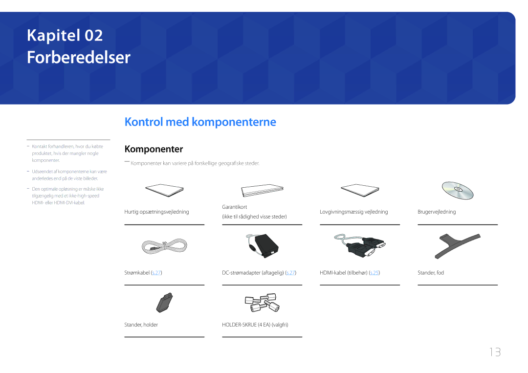 Samsung LS32E590CS/EN manual Forberedelser, Kontrol med komponenterne, Komponenter 