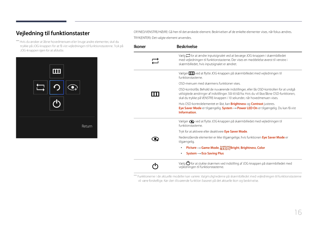 Samsung LS32E590CS/EN manual Vejledning til funktionstaster, IkonerBeskrivelse, Trykenter Det valgte element anvendes 