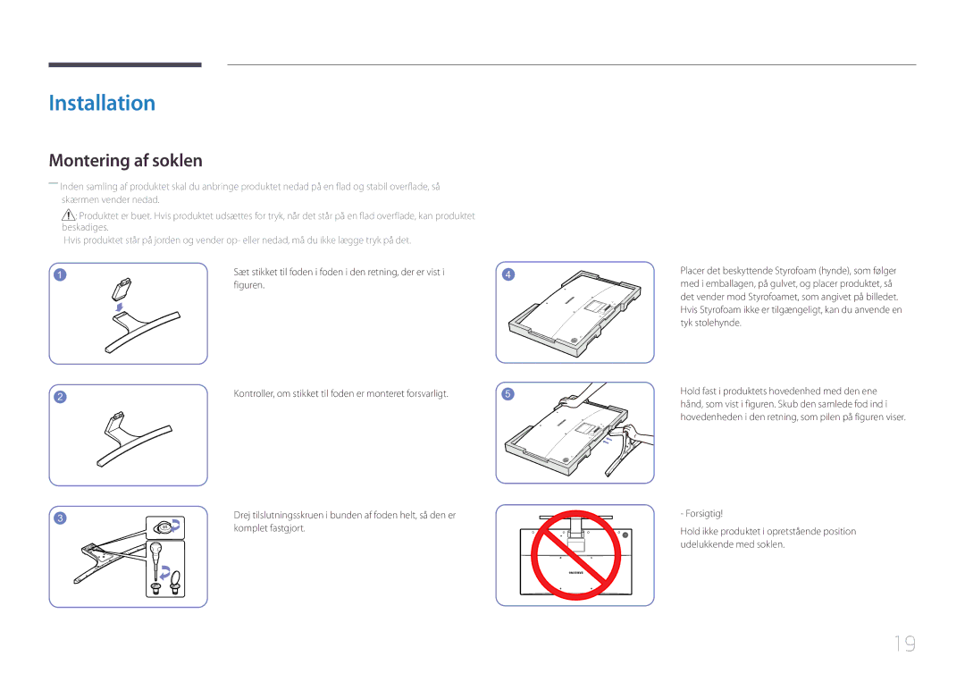 Samsung LS32E590CS/EN manual Installation, Montering af soklen, Komplet fastgjort 