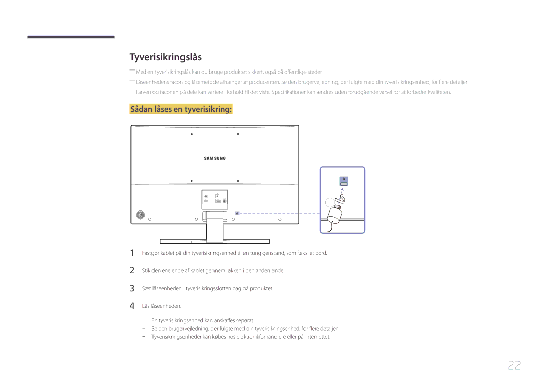 Samsung LS32E590CS/EN manual Tyverisikringslås, Sådan låses en tyverisikring 