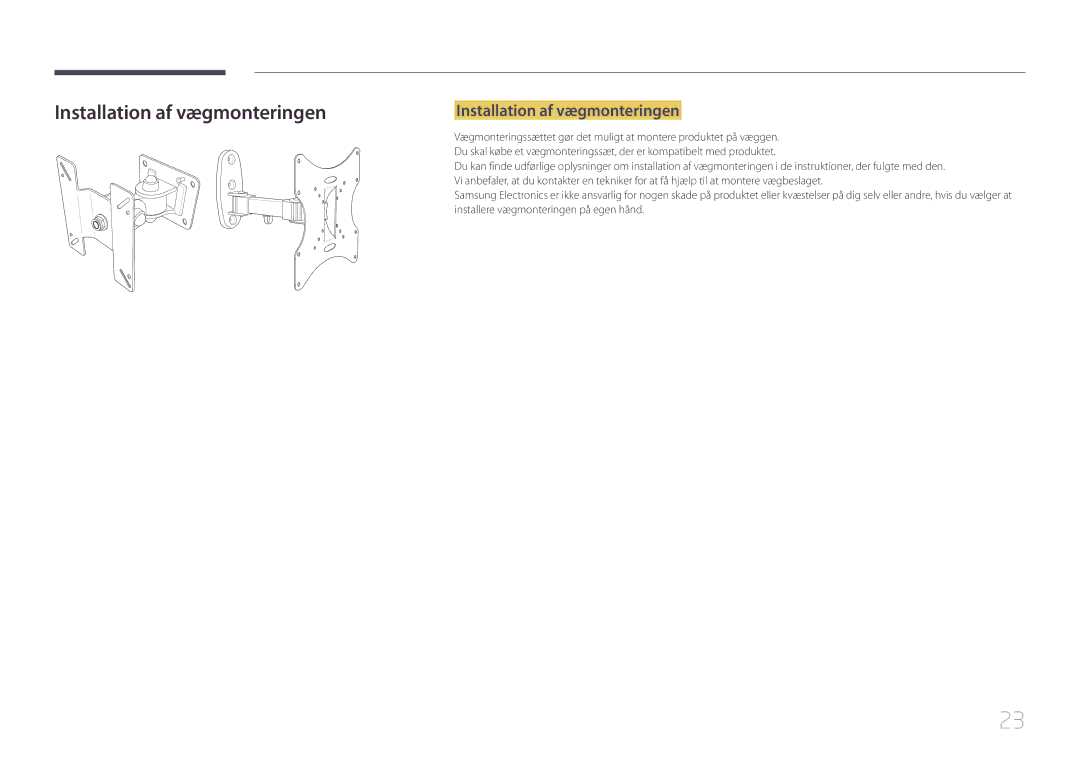 Samsung LS32E590CS/EN manual Installation af vægmonteringen 