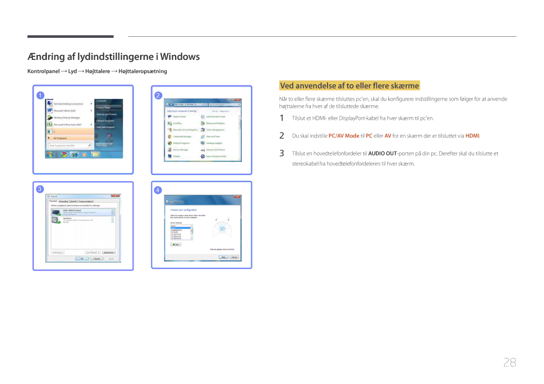 Samsung LS32E590CS/EN manual Ændring af lydindstillingerne i Windows, Ved anvendelse af to eller flere skærme 