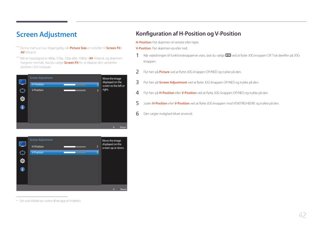 Samsung LS32E590CS/EN manual Screen Adjustment, Konfiguration af H-Position og V-Position 