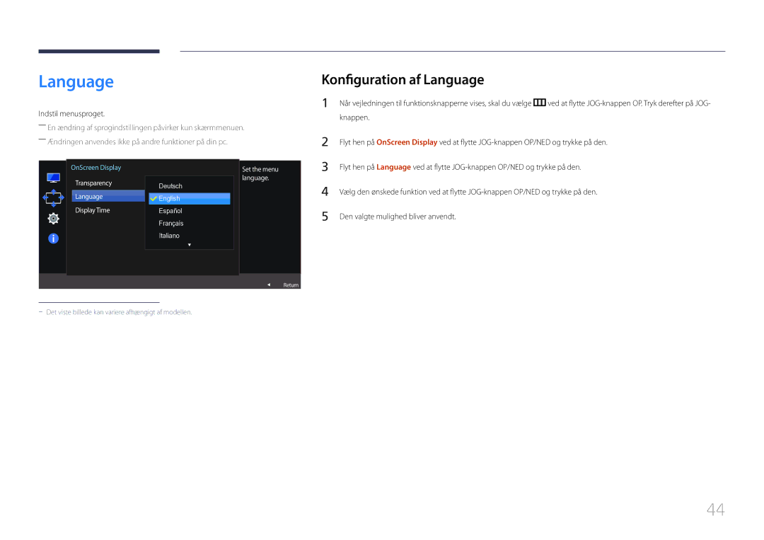 Samsung LS32E590CS/EN manual Konfiguration af Language, Indstil menusproget, Transparency Language Display Time 