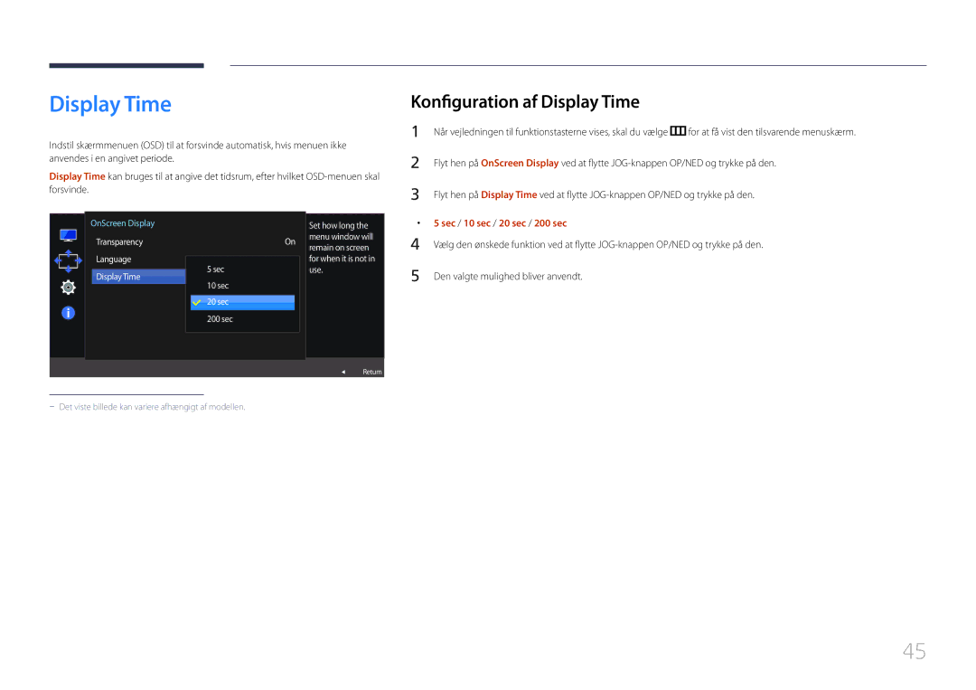 Samsung LS32E590CS/EN manual Konfiguration af Display Time, Sec / 10 sec / 20 sec / 200 sec 