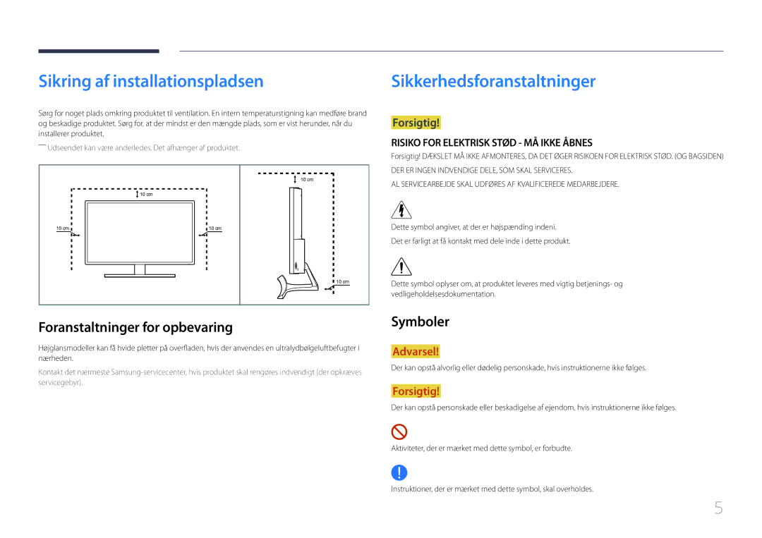 Samsung LS32E590CS/EN manual Sikring af installationspladsen, Sikkerhedsforanstaltninger, Foranstaltninger for opbevaring 