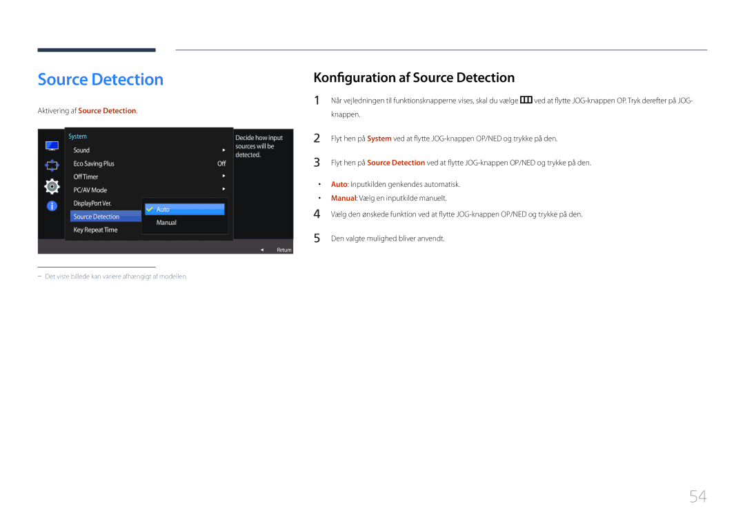 Samsung LS32E590CS/EN manual Konfiguration af Source Detection, Aktivering af Source Detection 