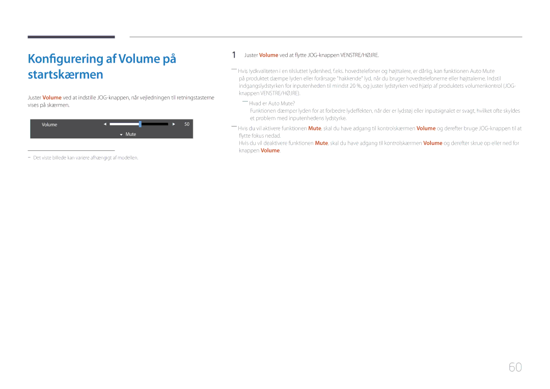 Samsung LS32E590CS/EN manual Juster Volume ved at flytte JOG-knappen VENSTRE/HØJRE, Volume Mute 