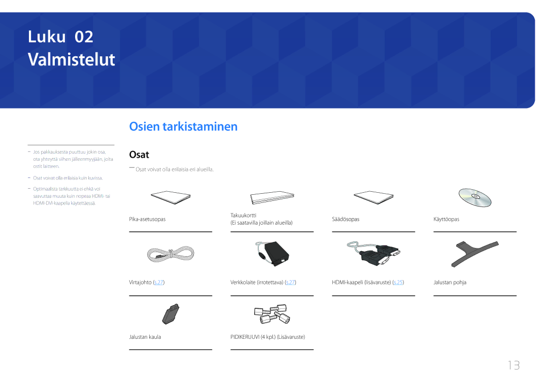 Samsung LS32E590CS/EN manual Valmistelut, Osien tarkistaminen, Osat 