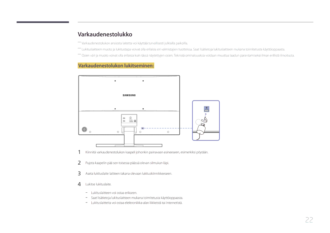 Samsung LS32E590CS/EN manual Varkaudenestolukko, Varkaudenestolukon lukitseminen 