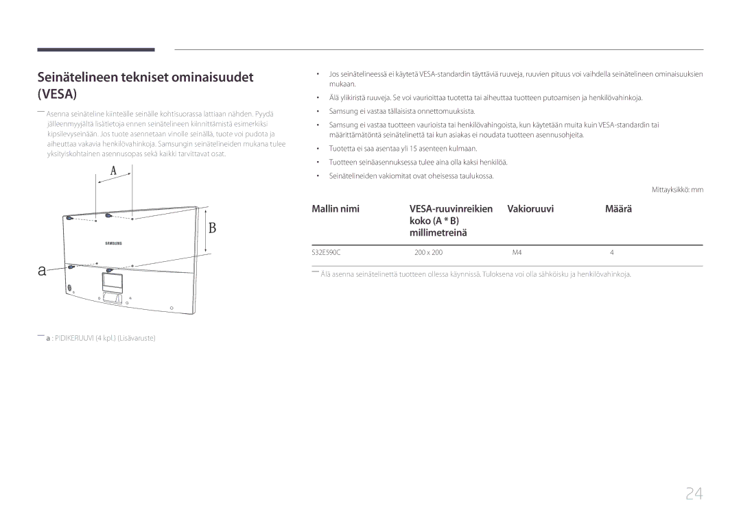 Samsung LS32E590CS/EN Seinätelineen tekniset ominaisuudet Vesa, Mallin nimi, Vakioruuvi Määrä Koko a * B Millimetreinä 