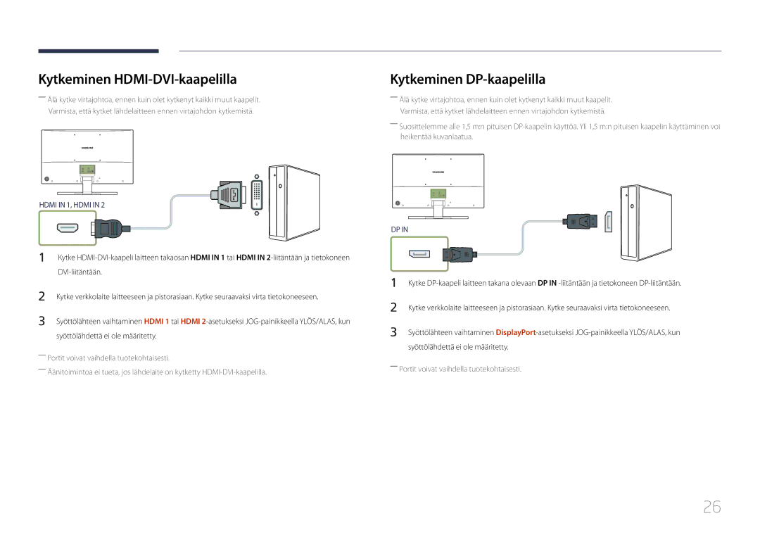 Samsung LS32E590CS/EN manual Kytkeminen HDMI-DVI-kaapelilla, Kytkeminen DP-kaapelilla, DVI-liitäntään 