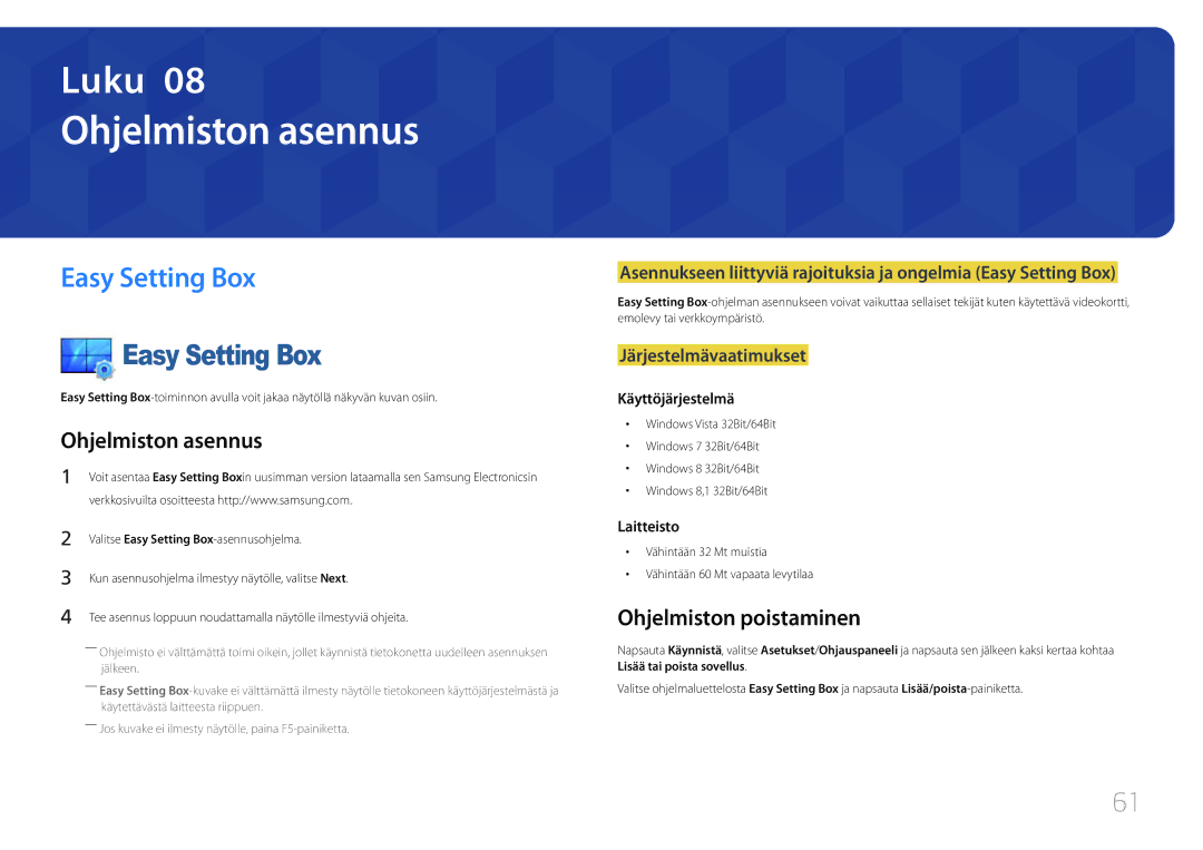 Samsung LS32E590CS/EN manual Ohjelmiston asennus, Easy Setting Box, Ohjelmiston poistaminen, Järjestelmävaatimukset 