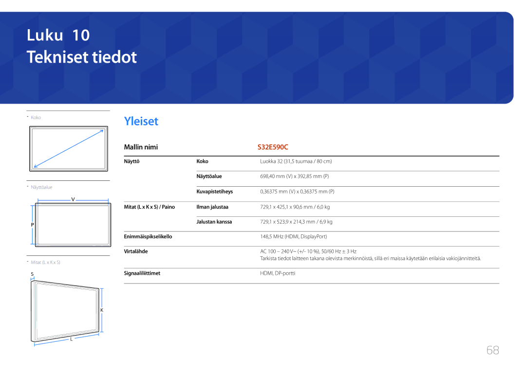 Samsung LS32E590CS/EN manual Tekniset tiedot, Yleiset, Signaaliliittimet HDMI, DP-portti 