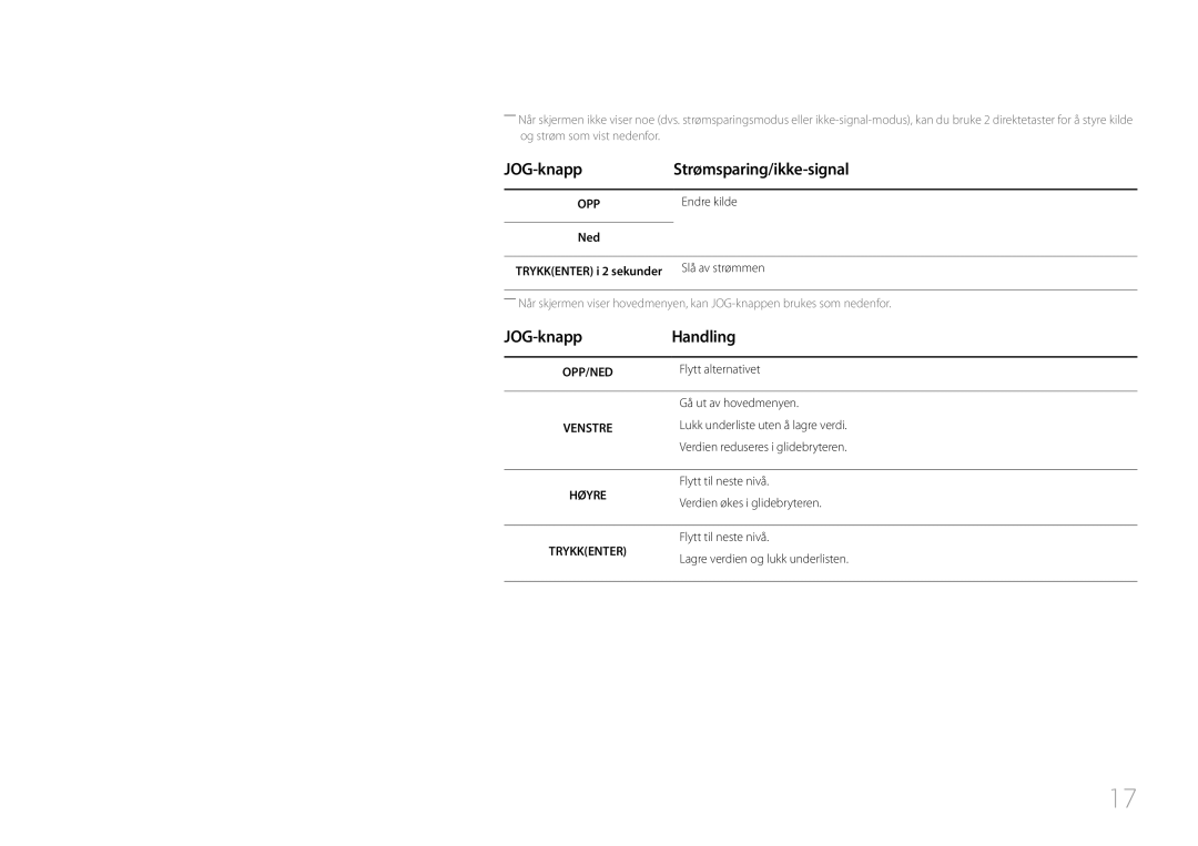 Samsung LS32E590CS/EN manual JOG-knapp Strømsparing/ikke-signal, JOG-knapp Handling, Endre kilde, Slå av strømmen 