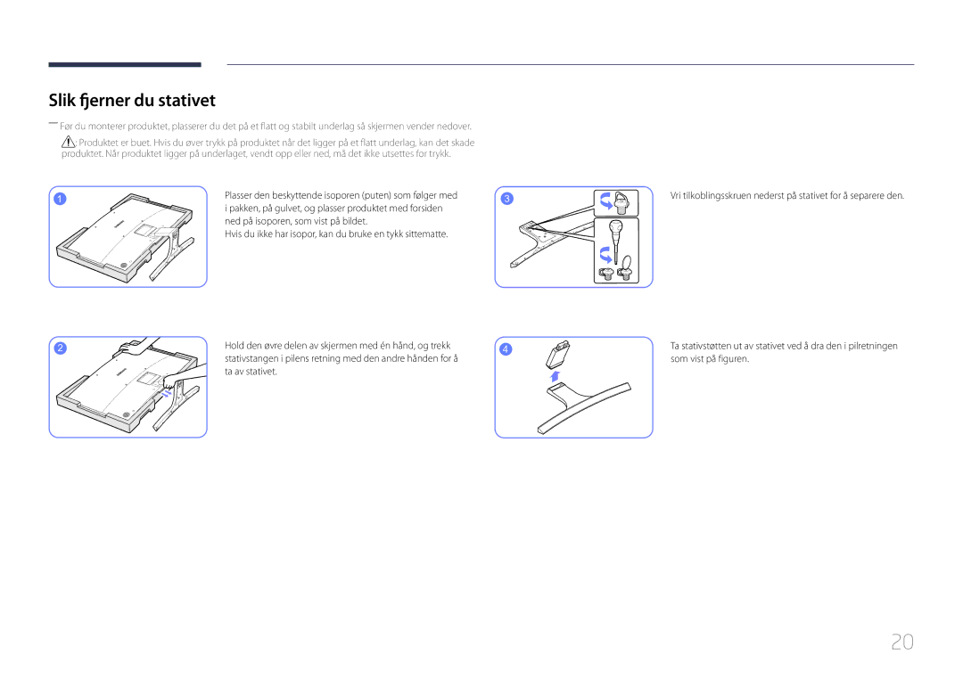 Samsung LS32E590CS/EN manual Slik fjerner du stativet, Ned på isoporen, som vist på bildet, Som vist på figuren 