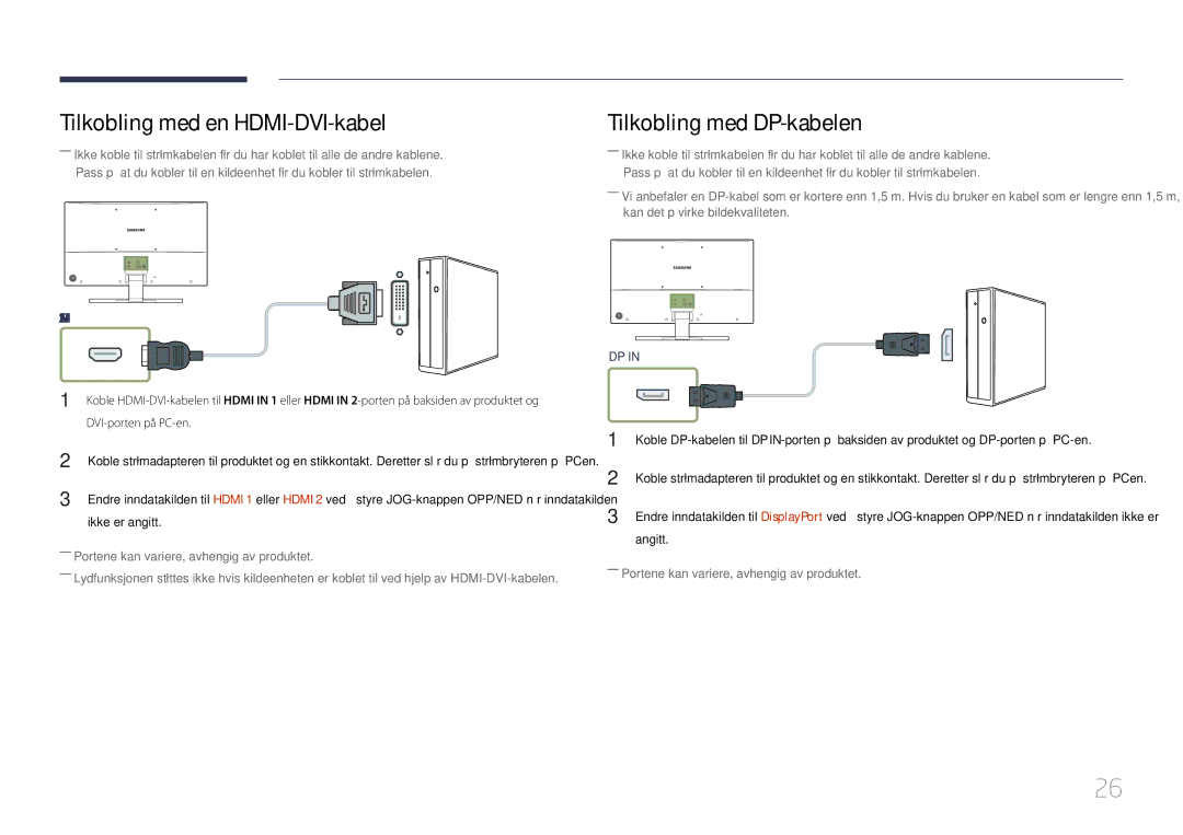 Samsung LS32E590CS/EN Tilkobling med en HDMI-DVI-kabel, Tilkobling med DP-kabelen, DVI-porten på PC-en, Ikke er angitt 